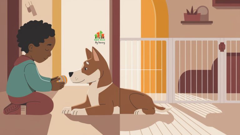 Harmonious scene of children and dogs coexisting safely with clear boundaries