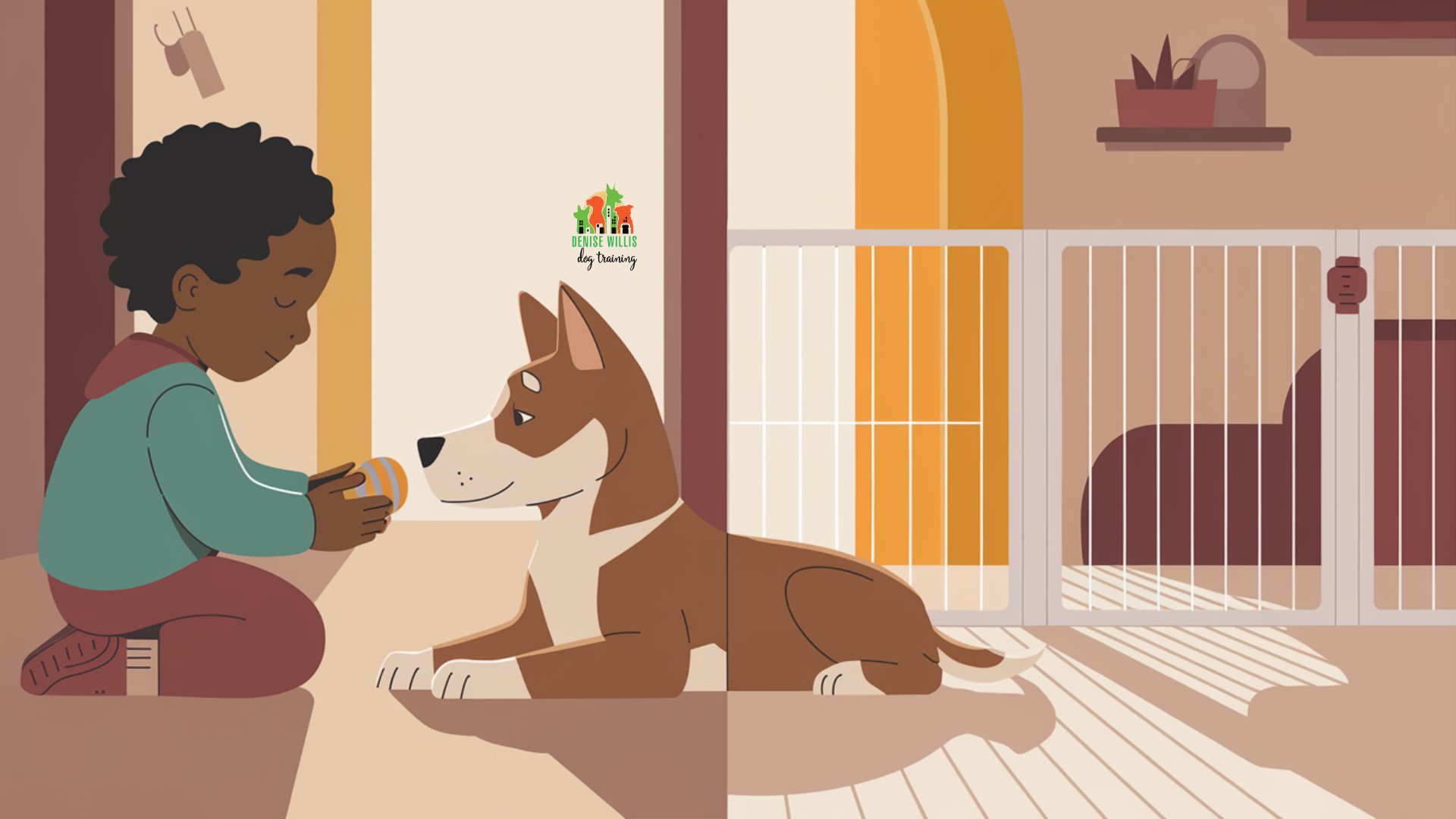 Harmonious scene of children and dogs coexisting safely with clear boundaries