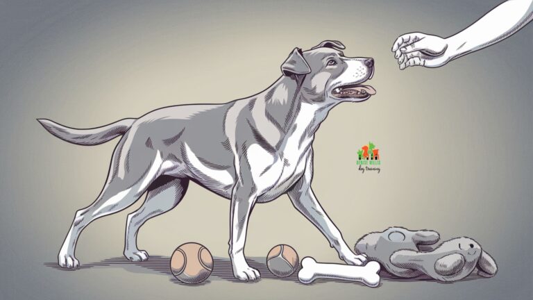 Vector illustration of a possessive aggression in dogs with a dog standing over toys while looking uncertainly at its owner.