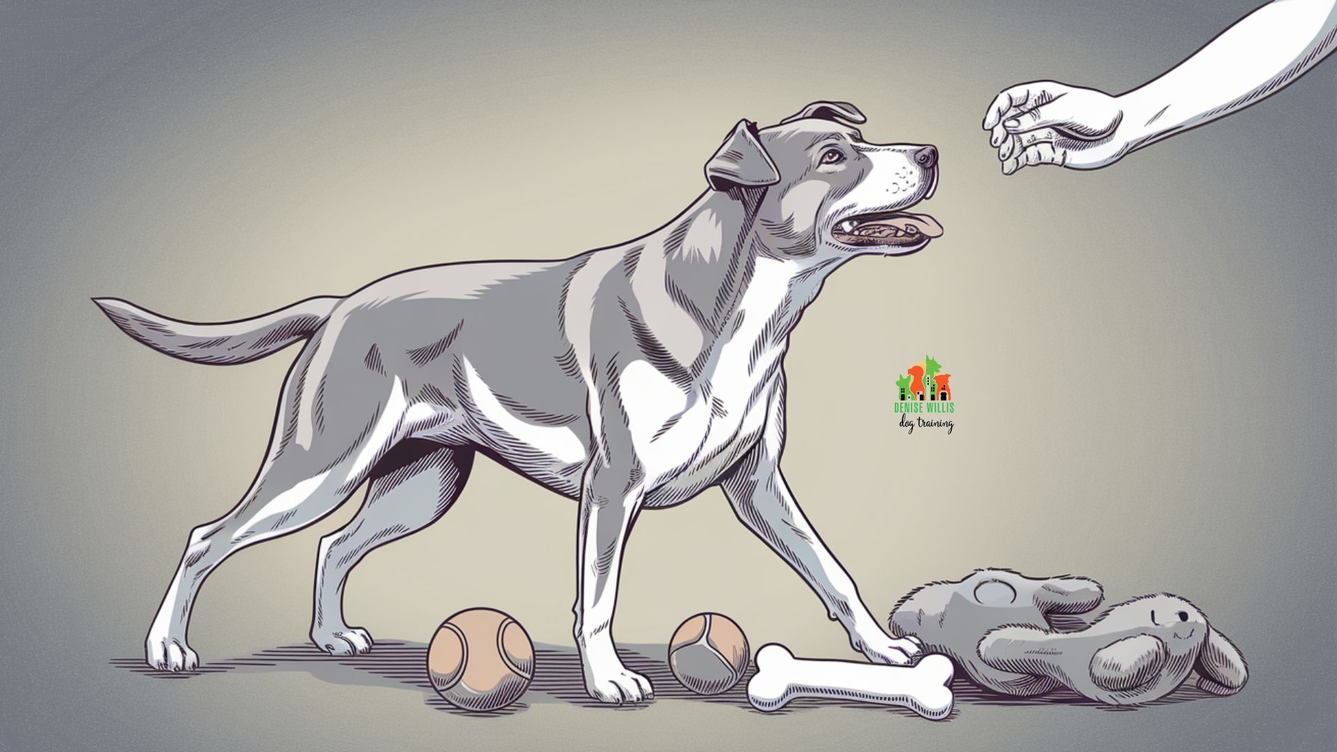 Vector illustration of a possessive aggression in dogs with a dog standing over toys while looking uncertainly at its owner.