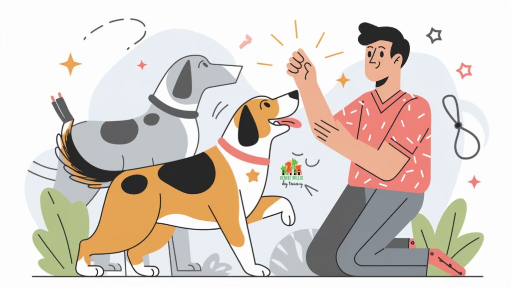 Vector illustration of dog and owner celebrating training success
Description: Heartwarming vector illustration of a dog and owner sharing a joyful moment. Show the dog confidently interacting with another dog in the background while the owner gives positive reinforcement.