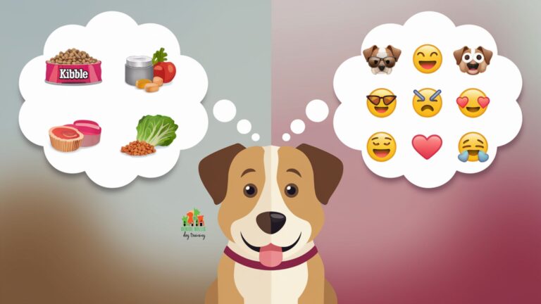 Vector illustration showing a dog with two thought bubbles - one containing food and one showing mood symbols