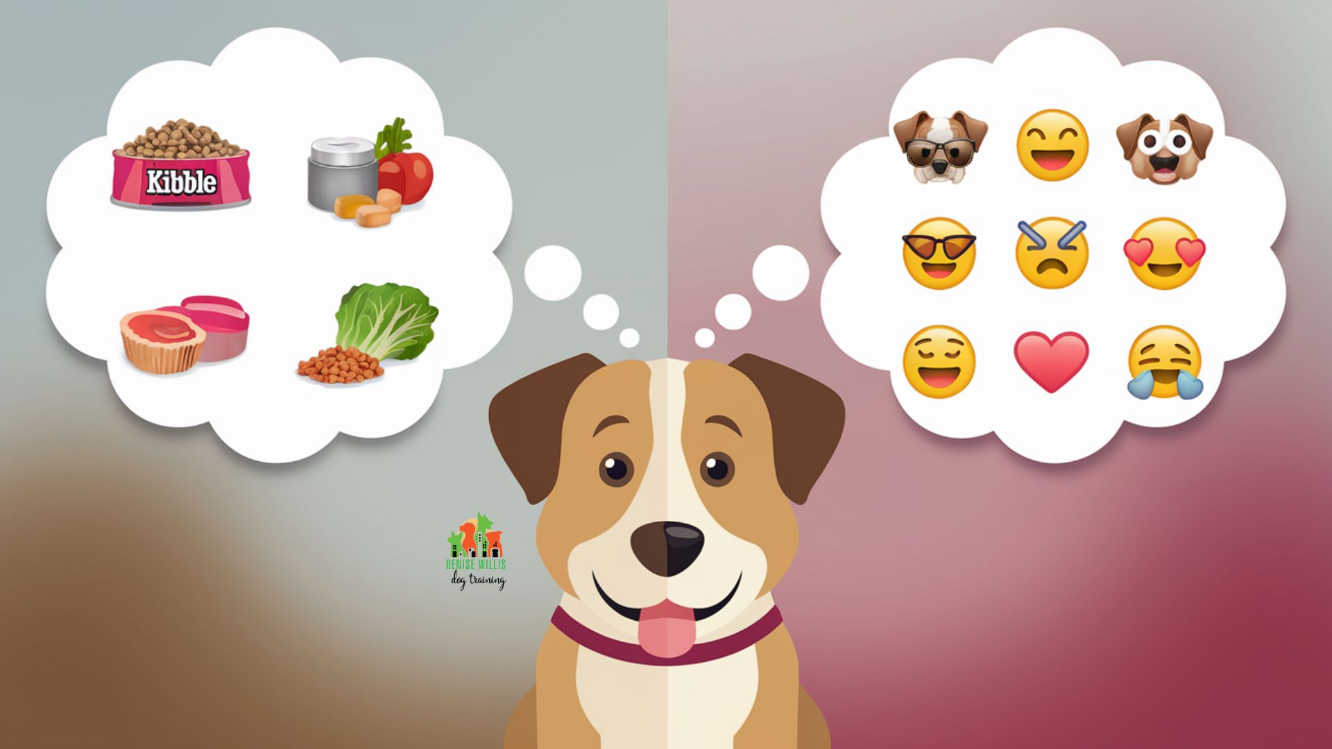 Vector illustration showing a dog with two thought bubbles - one containing food and one showing mood symbols