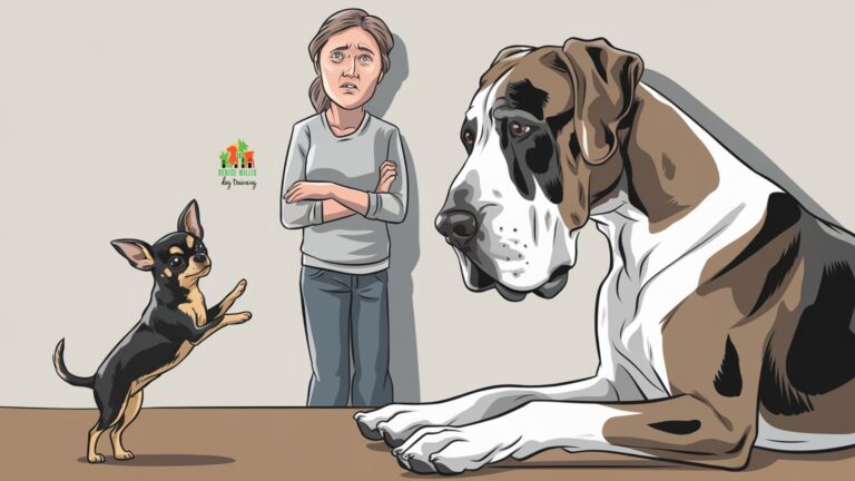 Vector illustration of a tiny Chihuahua confidently facing a bemused Great Dane while a nervous owner looks on