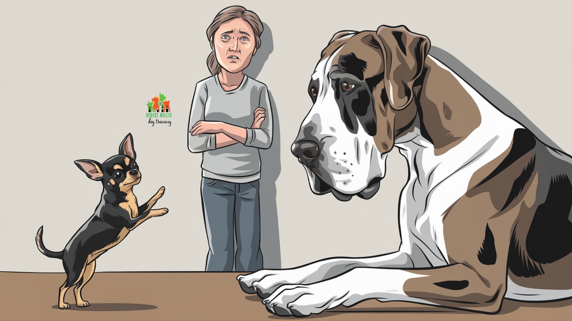 Vector illustration of a tiny Chihuahua confidently facing a bemused Great Dane while a nervous owner looks on
