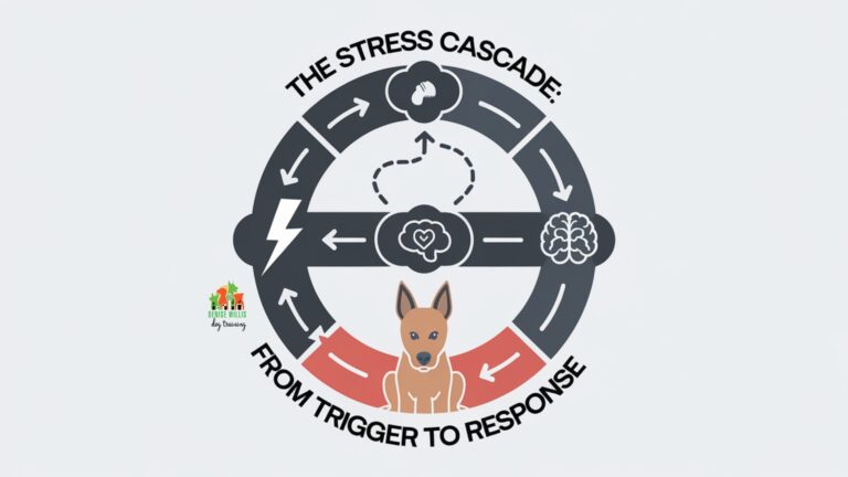 Vector illustration of a dog displaying multiple stress signals with callouts explaining each signal" Description: Create a central dog figure (friendly-looking but alert) with multiple labeled callouts pointing to different body parts showing stress signals: raised hackles, whale eye, lip licking, ear position, tail tucking.