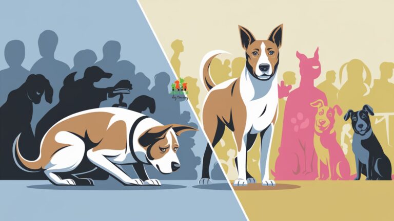 Vector illustration of a dog's transformation from fearful to friendly Description: A split-scene vector illustration showing a dog's transformation. On the left, a slightly crouched dog with pinned ears and tucked tail surrounded by muted, shadowy figures. On the right, the same dog stands confidently, tail raised, surrounded by colorful, friendly dog and human figures.