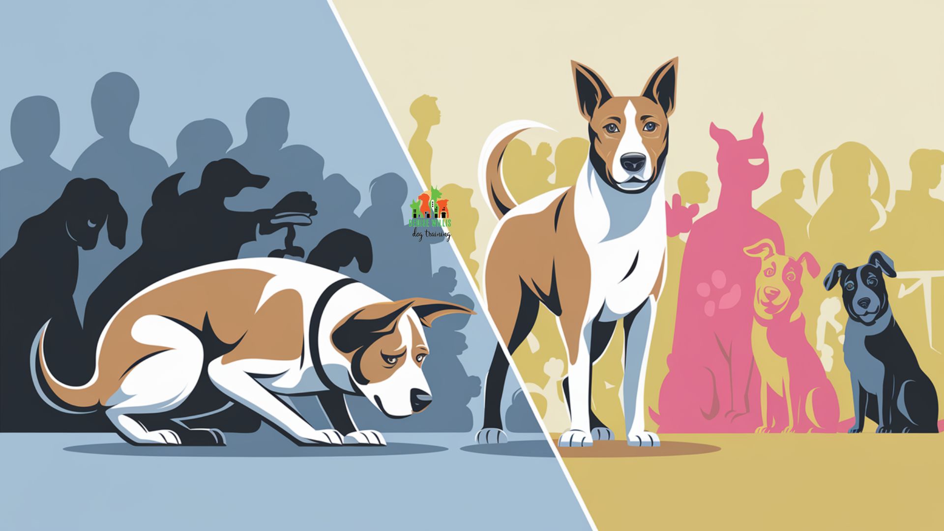 Vector illustration of a dog's transformation from fearful to friendly Description: A split-scene vector illustration showing a dog's transformation. On the left, a slightly crouched dog with pinned ears and tucked tail surrounded by muted, shadowy figures. On the right, the same dog stands confidently, tail raised, surrounded by colorful, friendly dog and human figures.