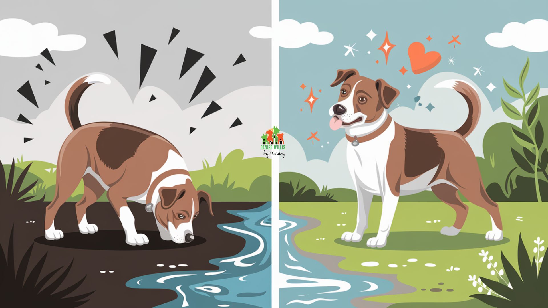 Vector illustration showing rescue dog transformation from fearful to confident, highlighting rescue dog aggression rehabilitation journey