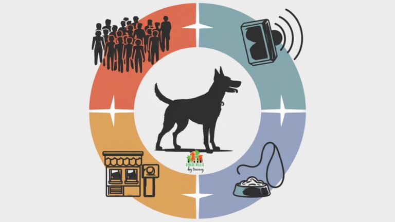 Vector illustration showing a central dog figure surrounded by various environmental triggers and calming elements