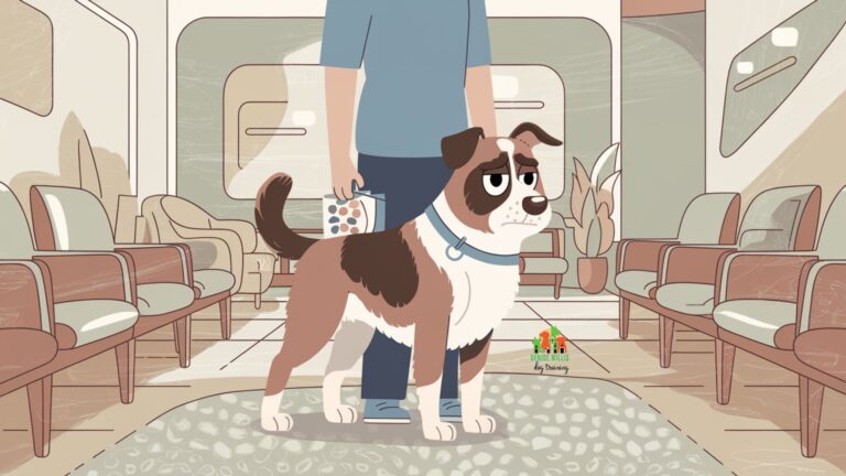 Vector illustration of a nervous dog and supportive owner in a veterinary waiting room with calming design elements