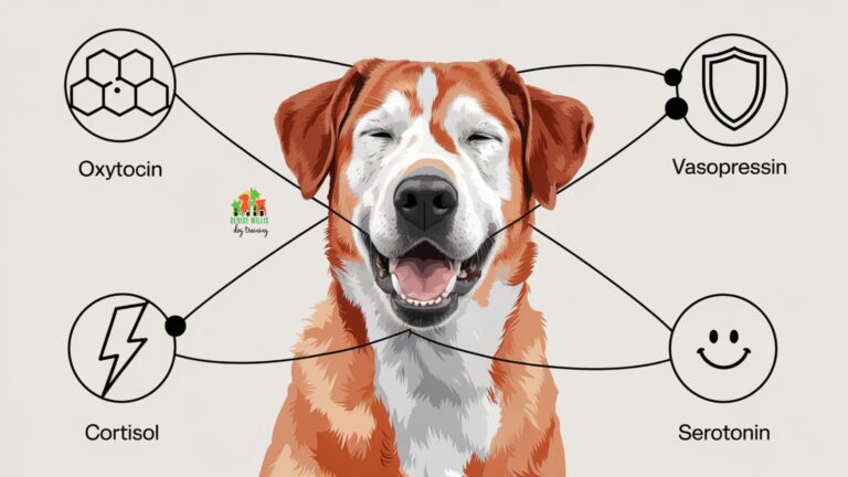 Vector illustration showing hormonal influences on dog aggression through colorful chemical symbols and a calm dog