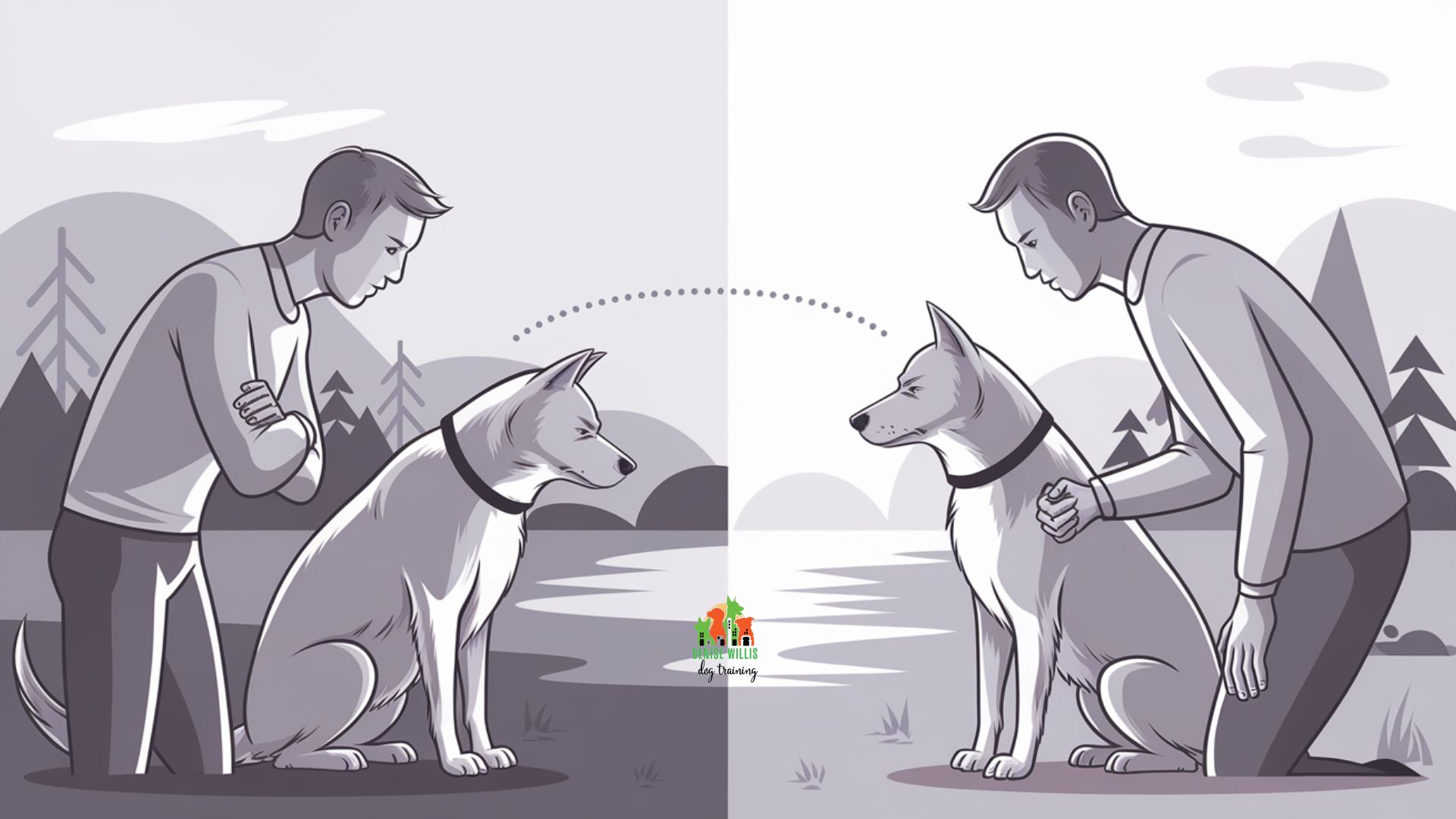 Vector illustration showing human body language and dog aggression communication through subtle signals and postures