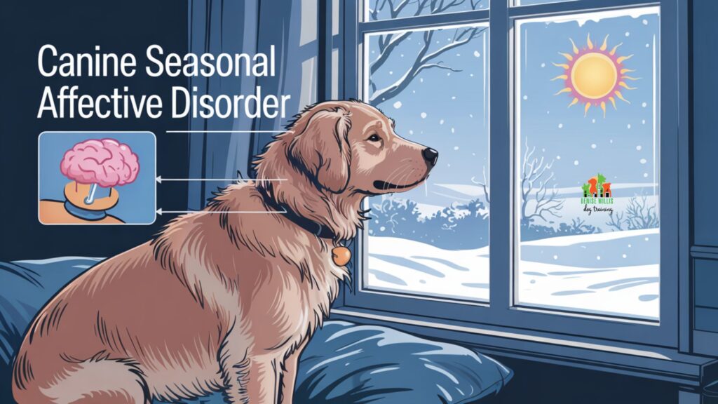 Illustration showing how winter darkness affects dog mood causing seasonal changes on dog aggression