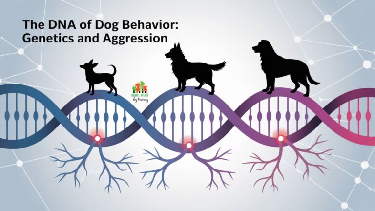 Vector illustration showing DNA strands connecting dog breeds with different genetic predispositions to aggression outling genetics and dog aggression.