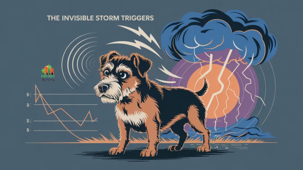 Vector illustration showing how thunderstorms trigger anxiety leading to seasonal changes on dog aggression