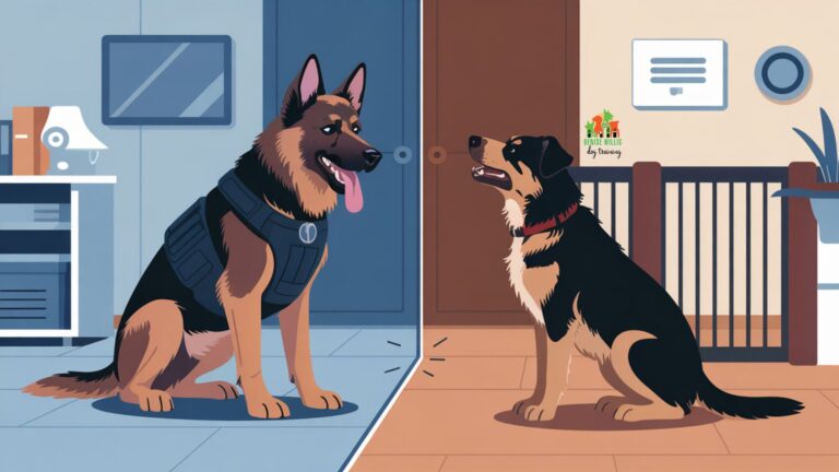 Vector illustration showing working dog and family pet displaying aggression management techniques for different environments