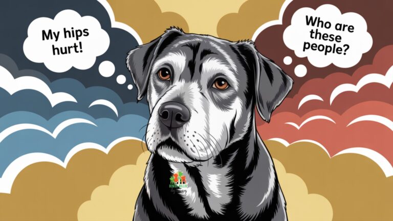 Illustration of a senior dog with gray muzzle displaying warning signals for effective senior dog aggression management