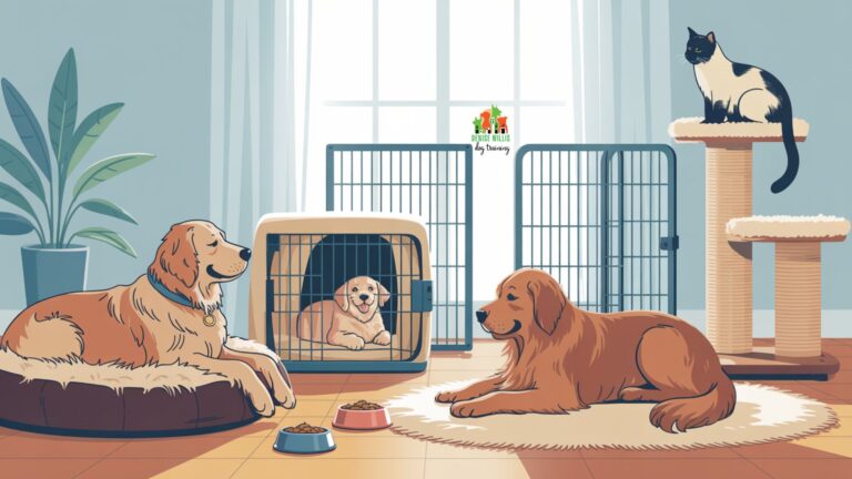 Vector illustration showing multi-species household aggression management techniques with dogs and cats in a home setting.