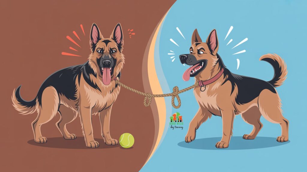 Vector illustration showing play and dog aggression reduction through exercise with dogs engaged in positive activities
