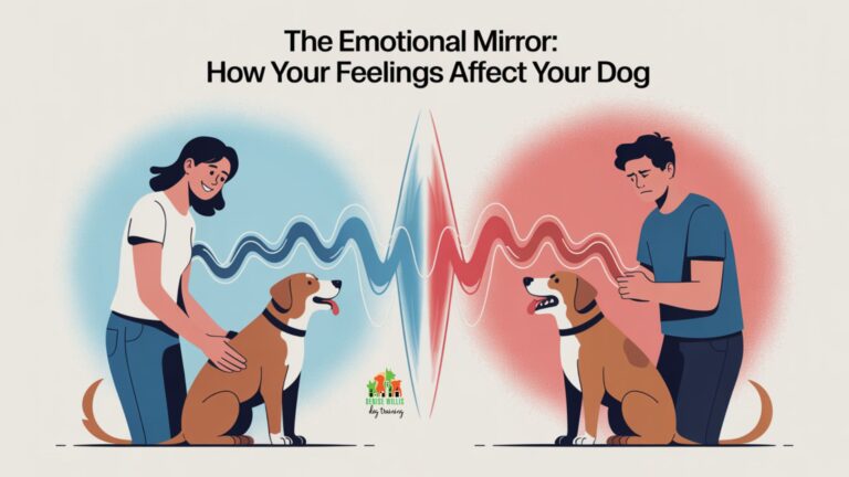 Vector illustration showing the connection between human emotions and dog aggression, depicting a person's emotions mirroring in their dog's behavior.
