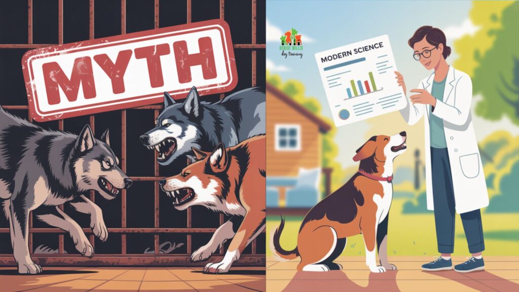Vector illustration showing dominance aggression in dogs myth being debunked by modern science