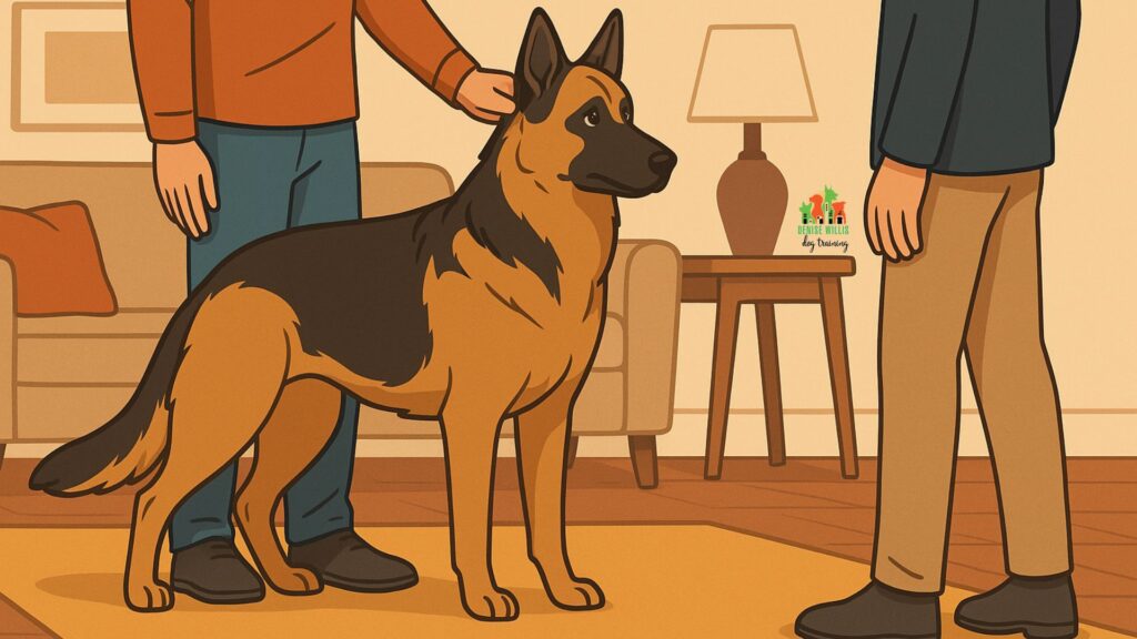 Protective dog aggression signs shown as a German Shepherd blocks owner from guest in a living room