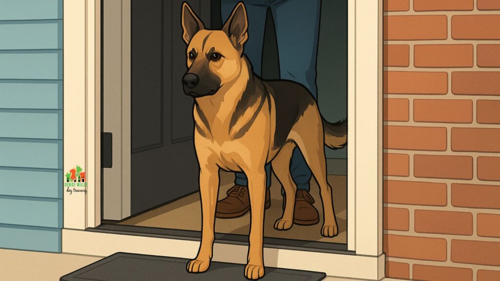Dog standing guard at front door, alert and tense, protecting owner