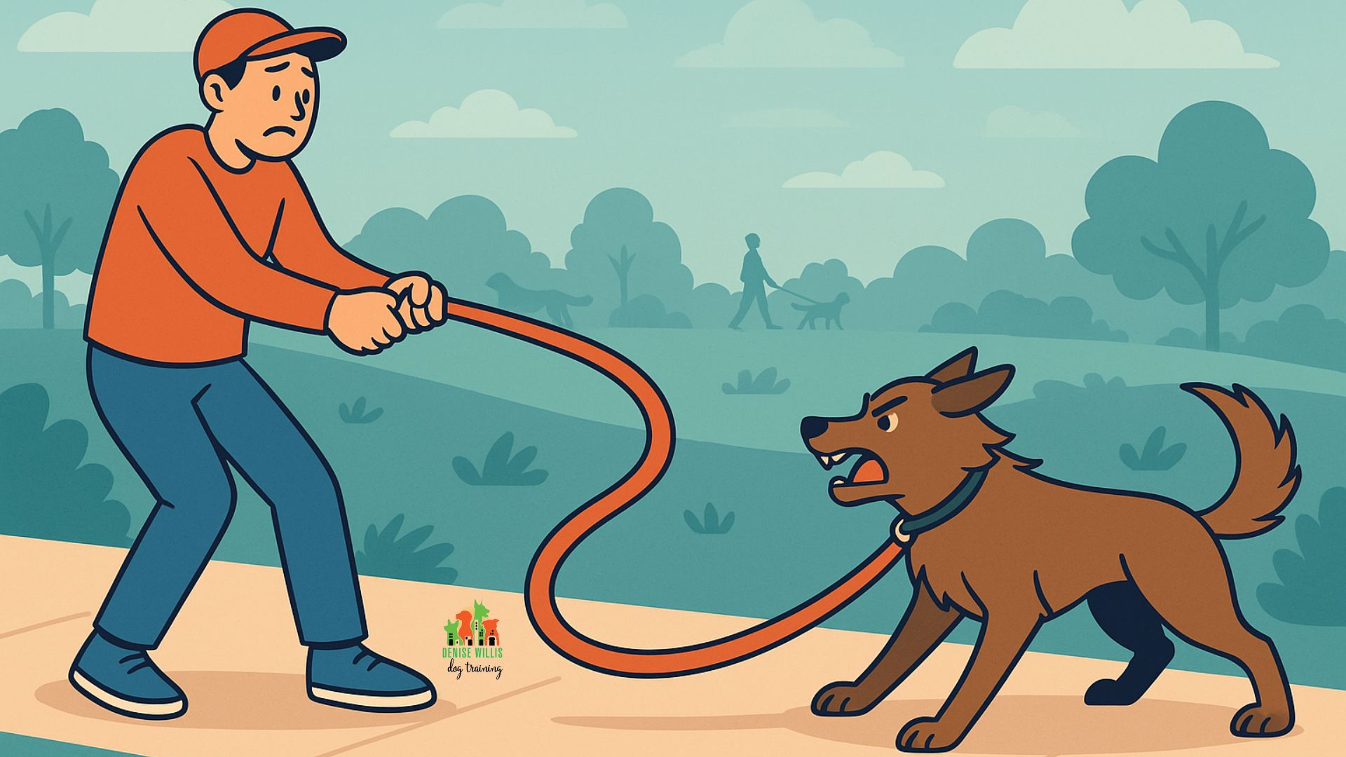 Illustration of Dog Owner and Reactive Dog in Leash Tug-of-War